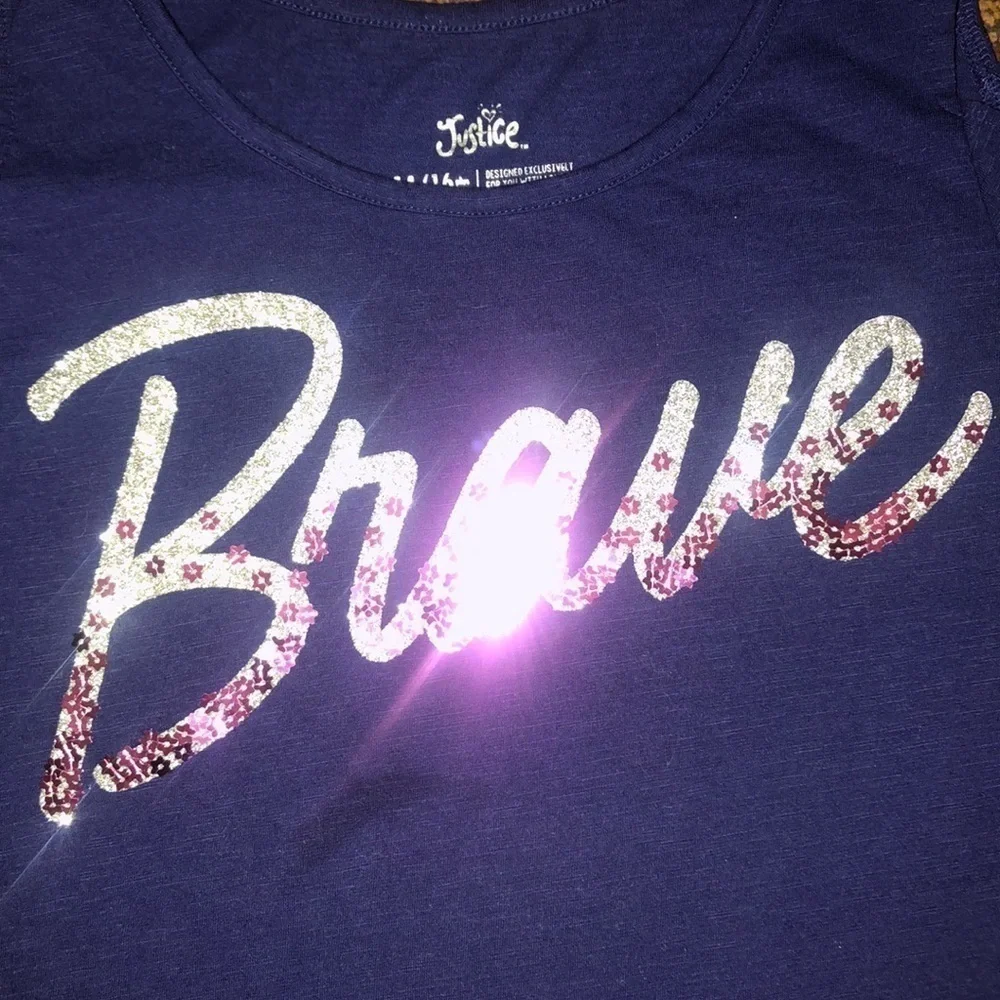 Justice “Brave” sequined cold shoulder top 14/16 plus